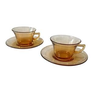 Cambridge Glass Amber Cup & Saucer Set (2 Each) VTG Elegant Tea Coffee Entertain